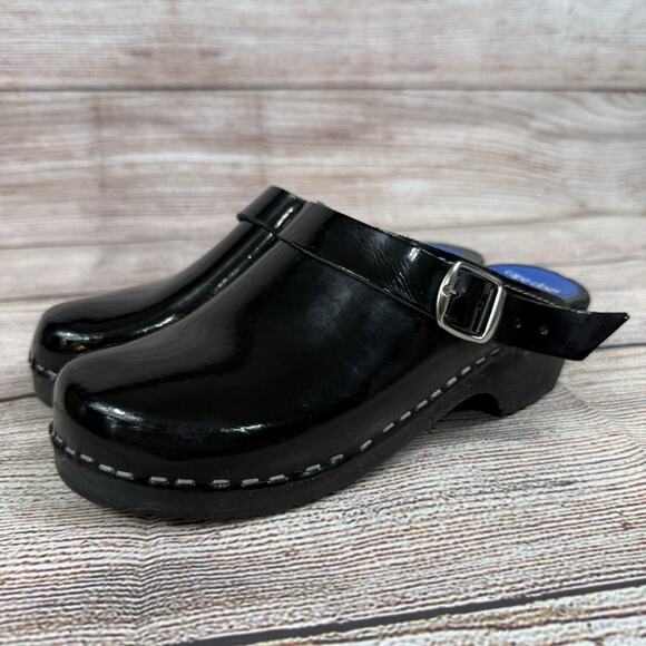 Torpatoffeln Black Patent Leather Cape Clogs Mules Size 36 (5.5/6) Wooden Heel - Picture 16 of 16